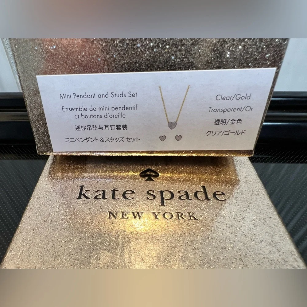 NIB Kate Spade Yours Truly Pave Heart Mini Pendant Necklace and Stud Set